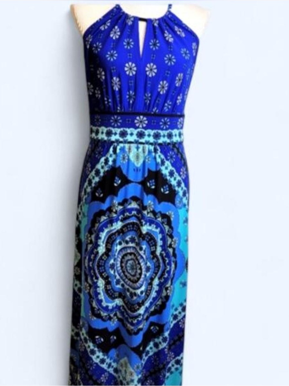 Blue Printed Halter Maxi Dress with Keyhole Neckline